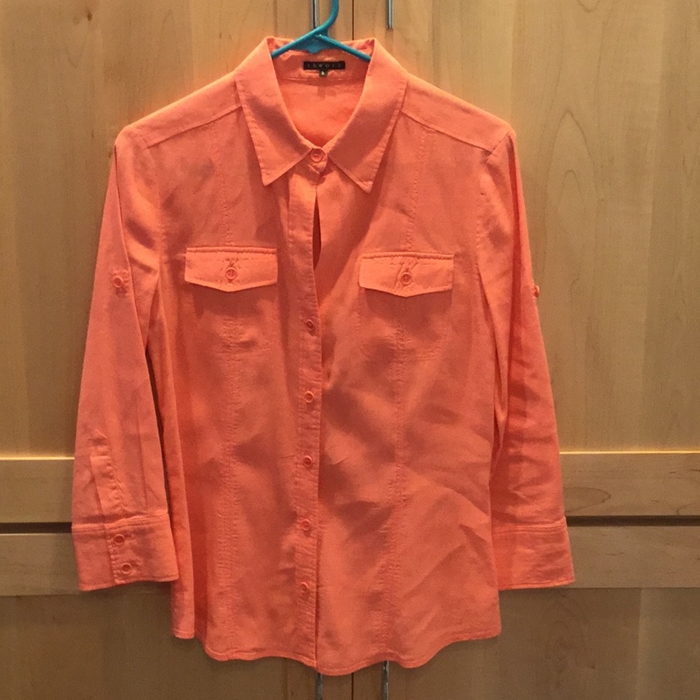 Theory long sleeved coral linen blouse